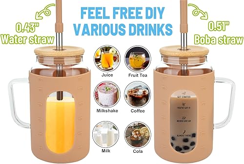 Miniatura 4 de Zenbo Vaso de vidrio de 50 onzas con asa, tapa y pajilla, vaso de agua motivacional con marcador de tiempo