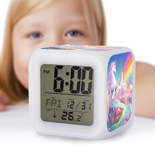 Miniatura 6 de Reloj despertador digital para niños con arco iris mágico para niños y niñas, lindo cubo de introducción con luz nocturna para ideas de regalo de