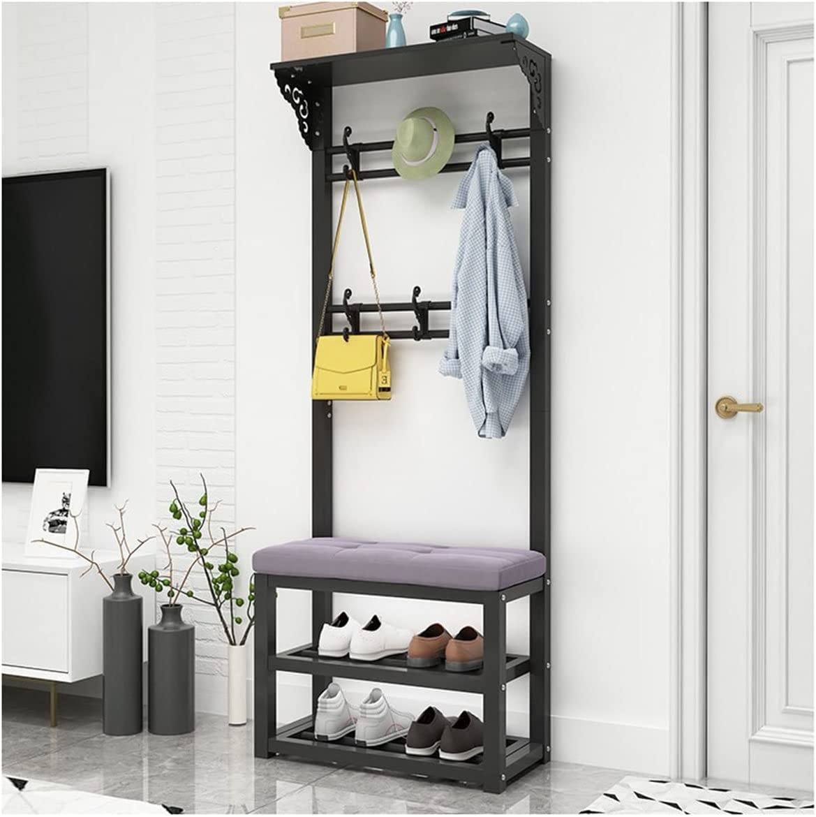 Appendiabiti a 2 Livelli con Seduta Imbottita, Panca Porta Scarpe e armadietto, Elegante Organizer per Ingresso, Soggiorno e Camera da Letto, Appendiabiti Multifunzionale
