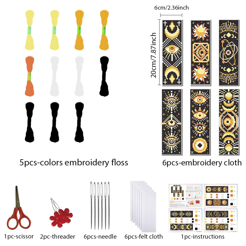 FREEBLOSS 6 Set Cross Stitch Bookmark Kits Evil Eye Stamped Cross Stitch Kit Embroidery Bookmarks Moon Phases Stamped Cross Stitch Kits Embroidery Kit for Adults Beginners with Clear Instructions - Image 2