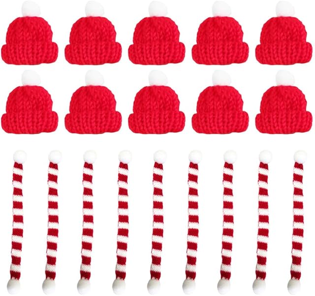 Amosfun 20pcs Christmas Mini Knit Hat Scarf Xmas Tree Ornaments Miniature DIY Hair Accessories Crafts Cute Doll Hat Jewelry Making