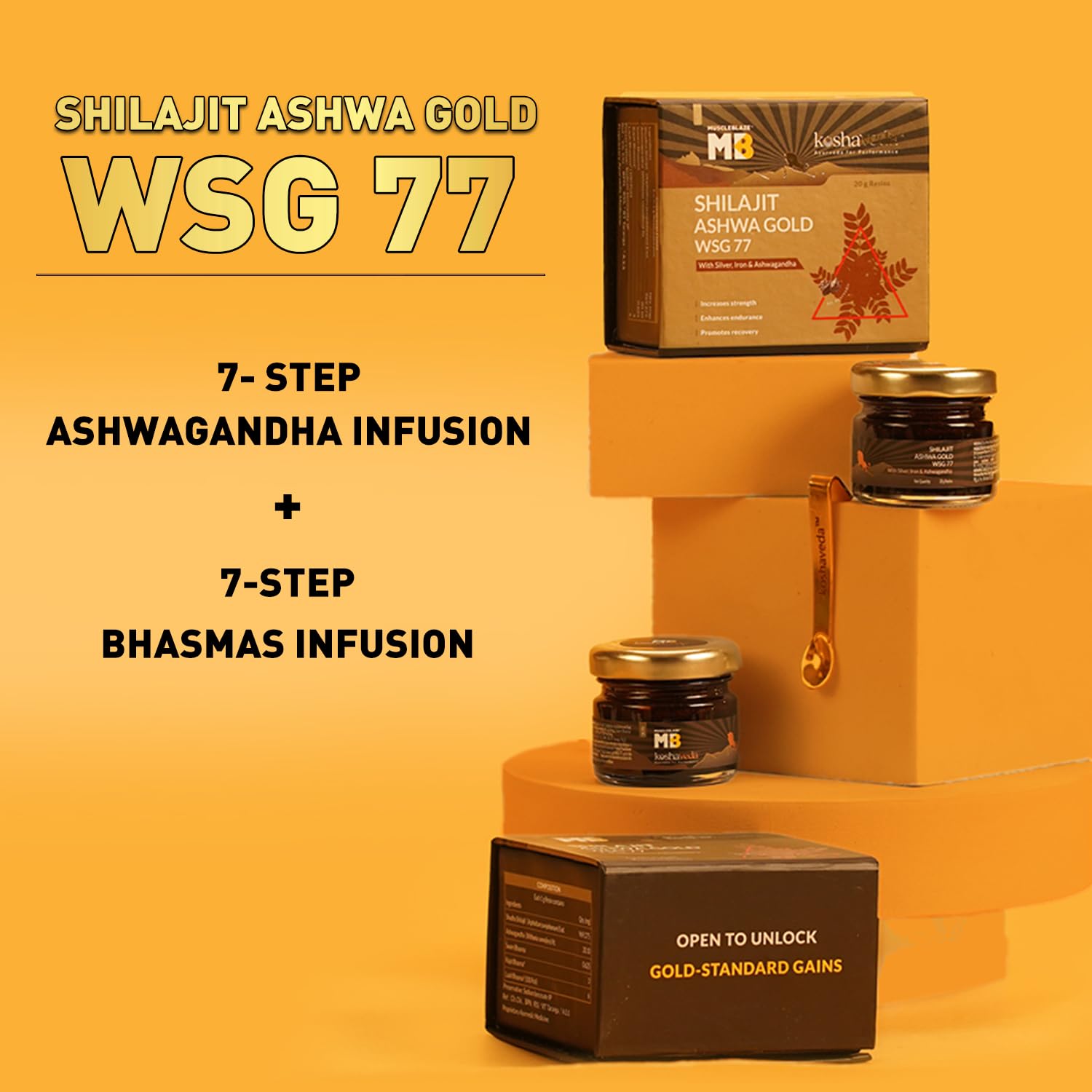 Koshaveda Shilajit Ashwa Gold WSG 77 by Muscleblaze (20G) | Silver, Iron and Ashwagandha firm Koshaveda Shilajit Ashwa Gold WSG 77 by Muscleblaze (20G) | Silver, Iron and Ashwagandha firm