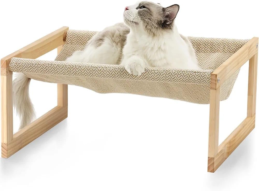 Sabri shopee Luxury Wooden Cat Bed Hammock Swing Elevated Pet Lounger with Soft Breathable Fabric Ideal Cat Furniture for Small Dogs Kittens and Cats Stylish Modern Design for Home