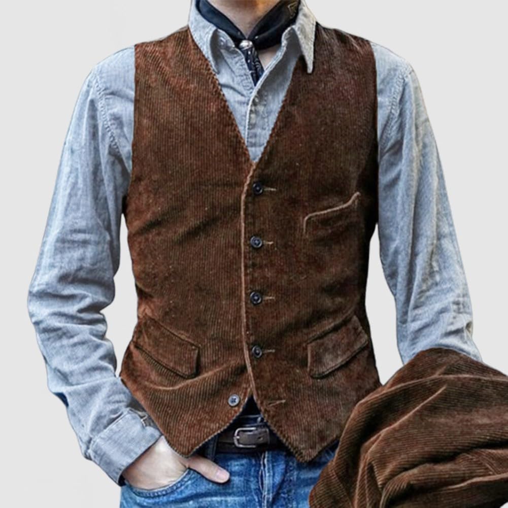Gilet da uomo in velluto a coste con vestibilità aderente e bottoni sul davanti, stile vintage britannico, senza maniche, per tutte le stagioni