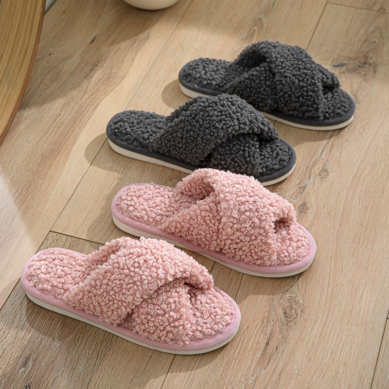 Women's plush home cotton slippers with cross-strap design, breathable and comfortable, suitable for indoor and outdoor use, casual and lightweight.3