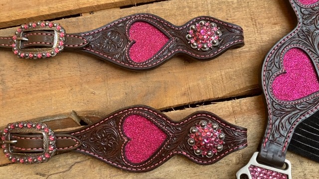 Ensemble Tête Et Poitrail Cheval Cuir Western Noir, Strass Violet Améthyste