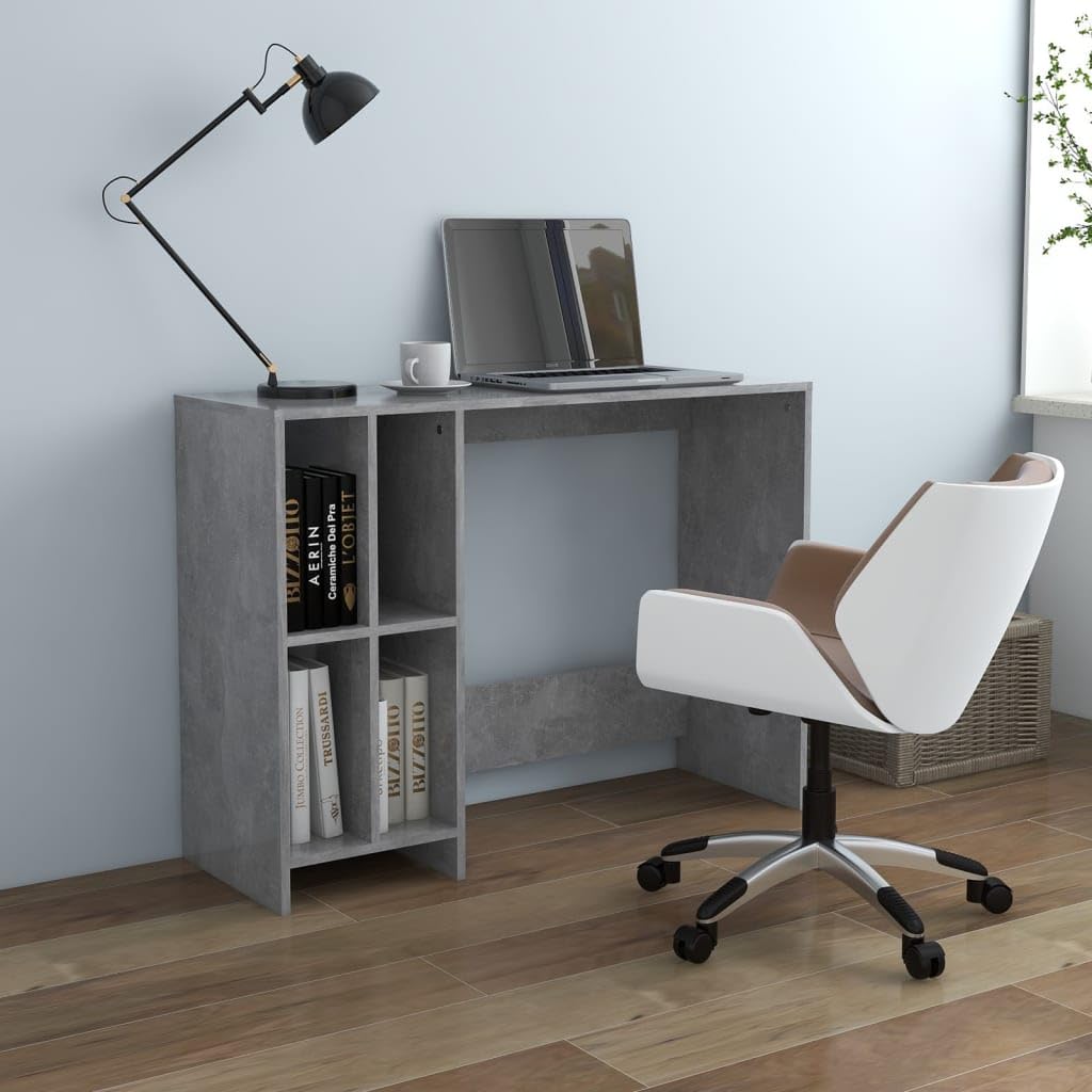 Scrivania per computer in legno grigio cemento, 102,5 x 35 x 75 cm, con 4 ripiani, moderna scrivania da ufficio per casa e studio, scrivania salvaspazio per studenti e ufficio