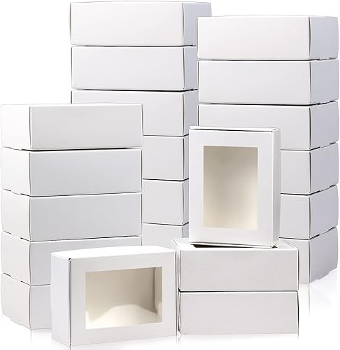 BadenBach Paquete de 50 mini cajas rectangulares de papel kraft con ventanas transparentes, 3.33 x 2.35 x 1.18 pulgadas, pequeñas cajas de embalaje