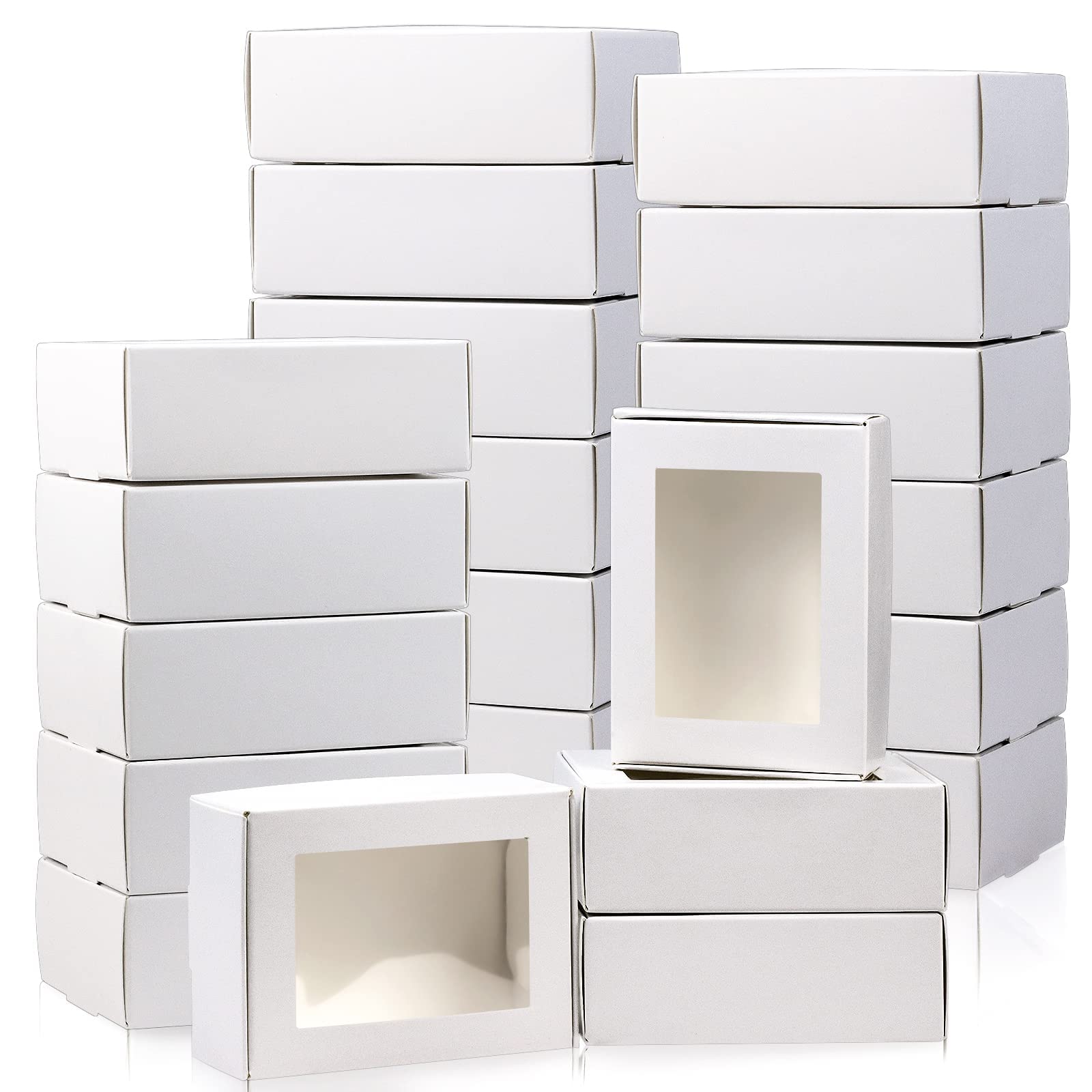 BadenBach 50 PCS Mini Kraft Boxes with Windows,3.33" x 2.35" x 1.18",Small Soap Box for Homemade Soap,Paper Small Gift Boxes Bulk for Candy Cookies Party Favors Mother's Day Supplies(White)