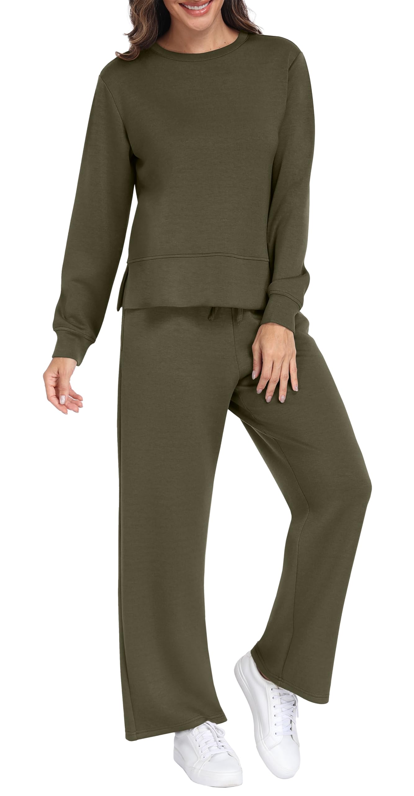GRECERELLE Conjunto completo de dos piezas para mujer, conjunto de ropa de descanso de manga larga para mujer, casual, cuello redondo, pantalones de chándal con bolsillos
