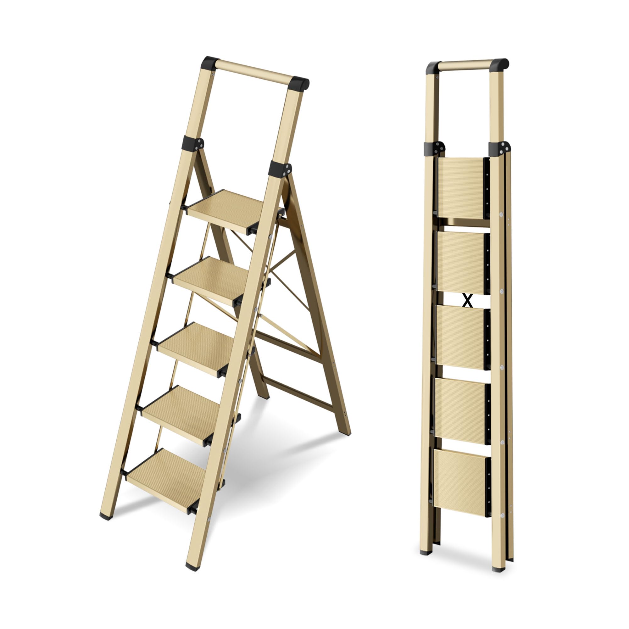 Photo 1 of **UNTESTED**
5 Step Step Ladder,Lightweight Folding Step Stool with Anti-Slip Aluminum Wide Pedal&Convenient Handgrip,Steel Ladder for Household and Office(Gold)