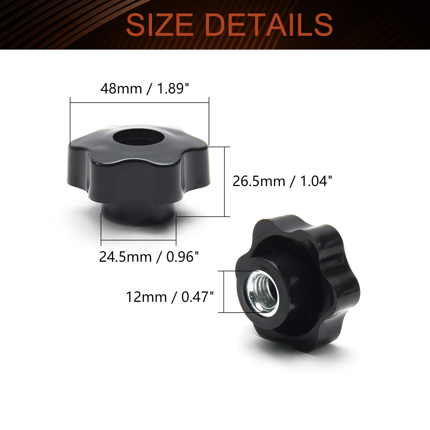 MroMax Star Head Through Hole Knob-M12x 48mm Female Threaded Black Plastic Screw-On for Mechanical Equipment 4Pcs