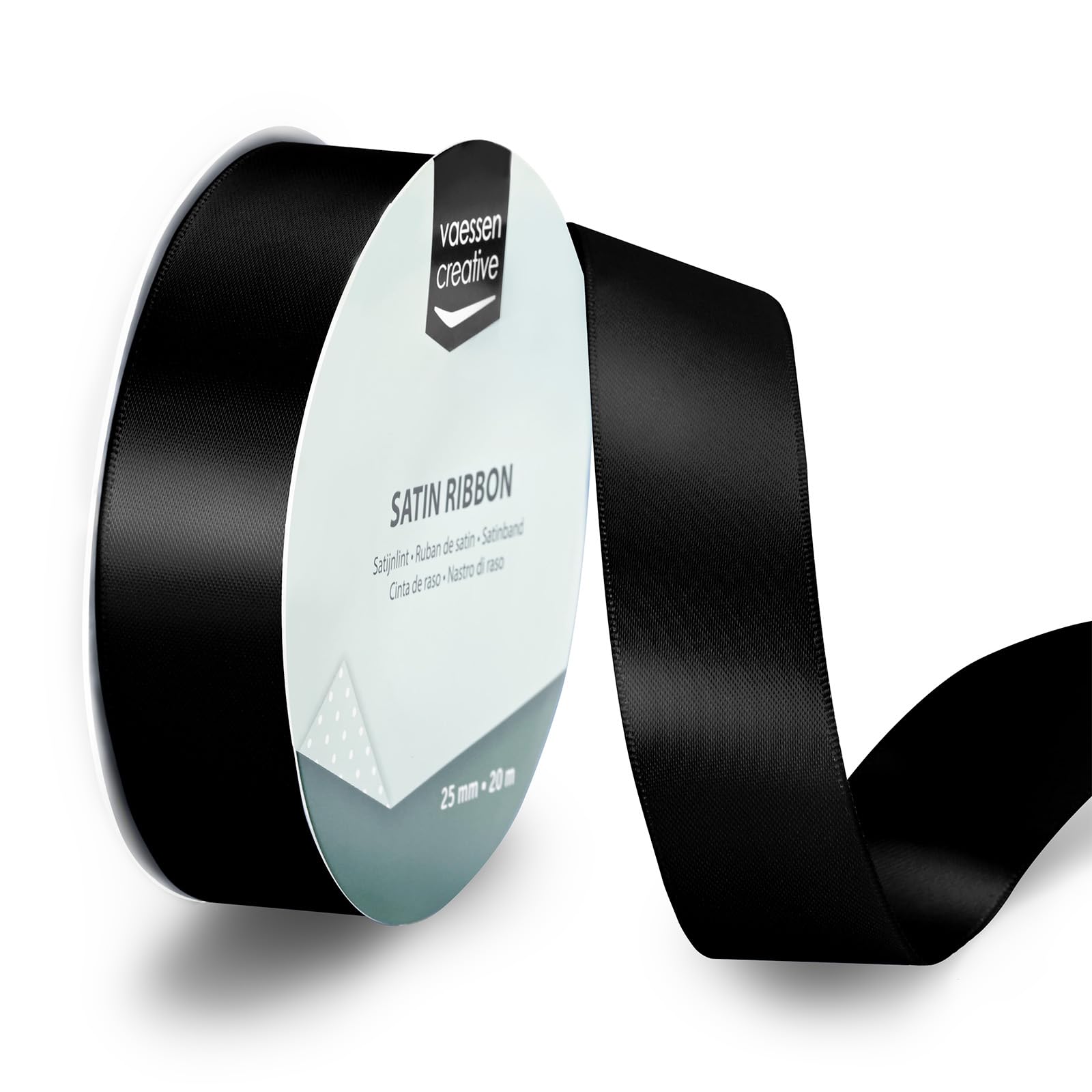 Vaessen Creative Satin Ribbon Black - 65.6 ft x 1" - Thin Ribbon for Gift Wrapping and Crafting, 20m x 25mm