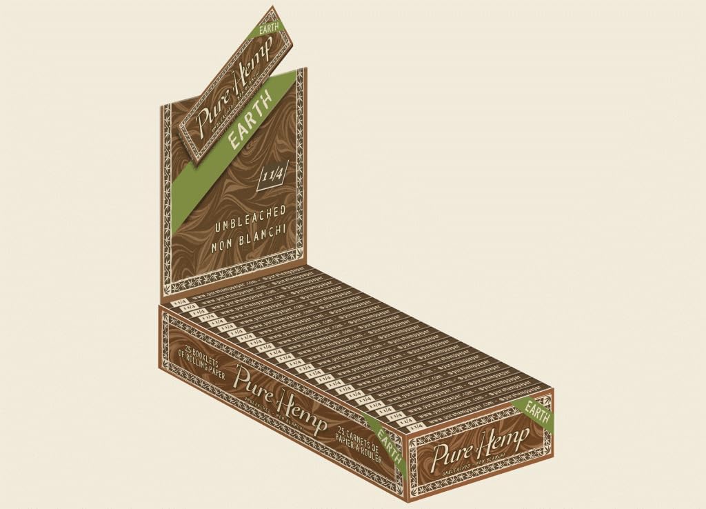 Pure Hemp Earth Unbleached Rolling Paper - Medium / 1/4" / 78mm Size Cigarette Paper - Full Display Box of 25 Booklets (50 Leaves Per Book!)