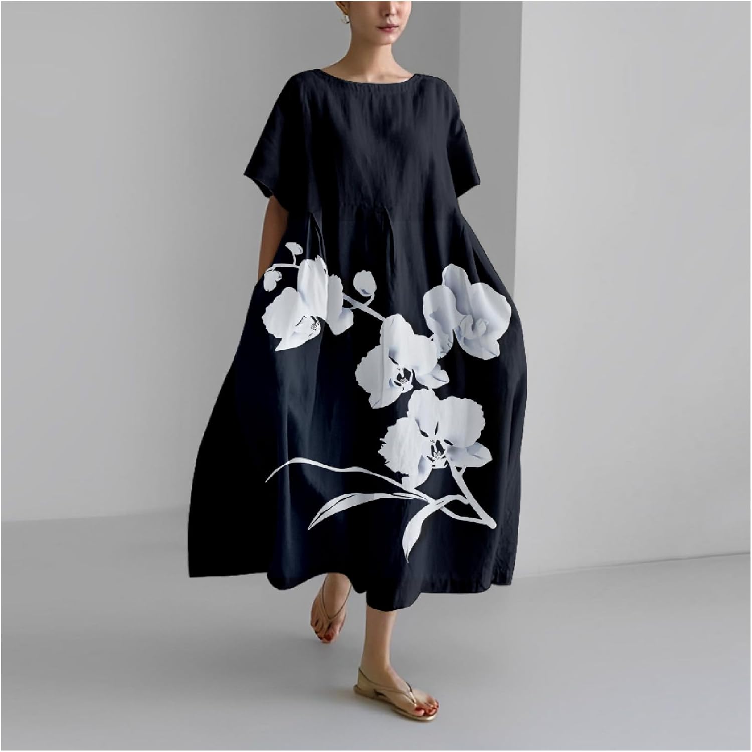 MARSVOVO Floral Dress for Women 2024 Summer Japanese Art Clothing Ramie Orchid Print Loose Fit Ruffle Hem Flowy Dresses - Image 2