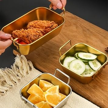 MallArt® Paslanmaz Çelik Kulplu Sunum Kasesi - Atıştırmalık, Sosluk ve Servis Kabı - Mat Altın & Gümüş Renk Seçenekleri (Kare Gümüş)