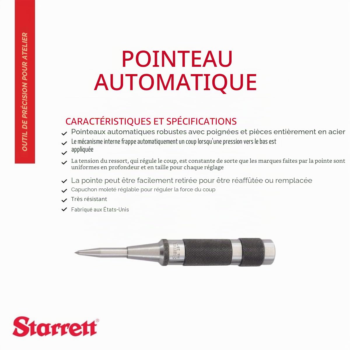 Starrett 18C 5-1/4" Automatique Centerpunch, 3-32" Diamètre