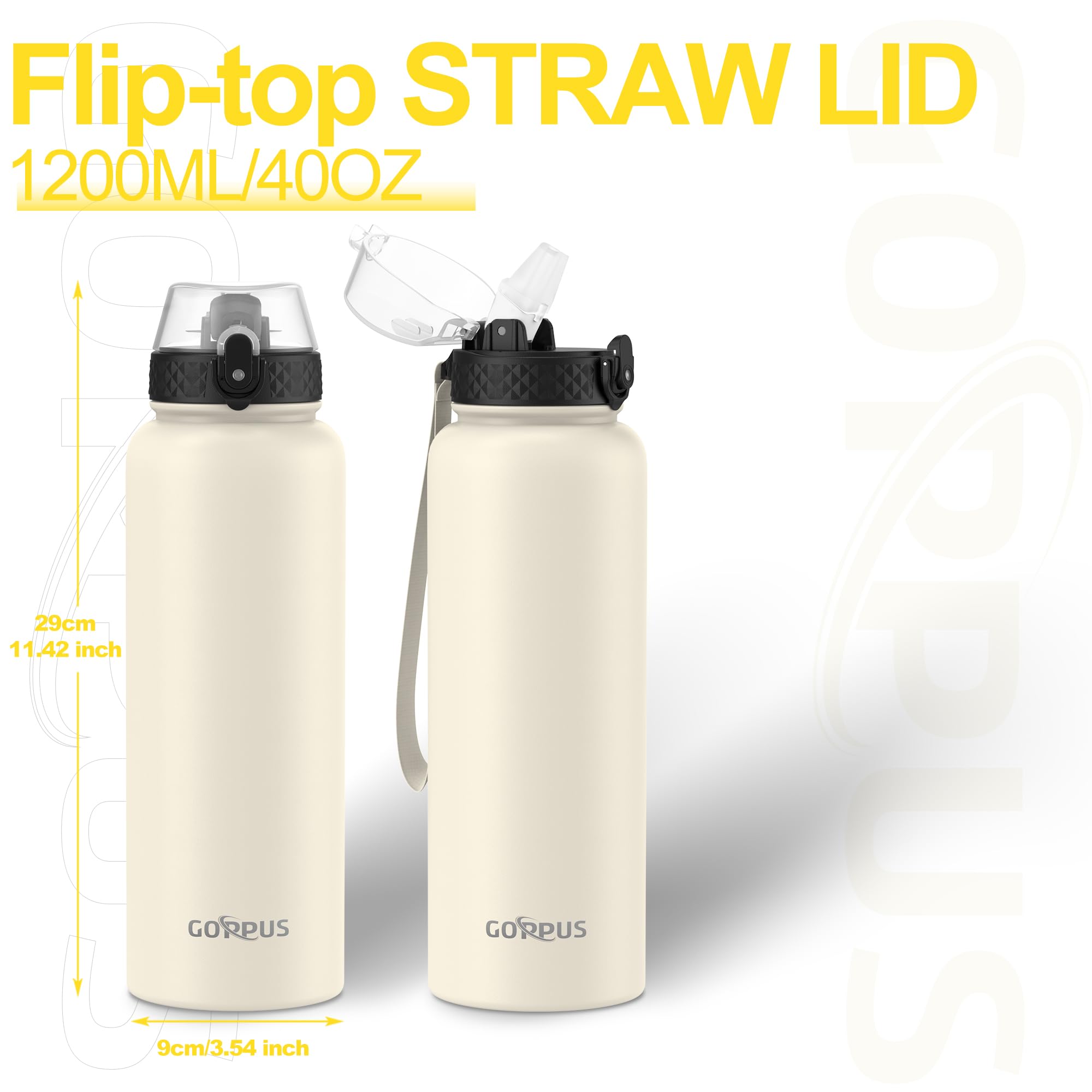 GOPPUS 1.2L/40oz Stainless Water Bottle with Straw Double Wall Insulated Bottles with Strap Large Vacuum Thermal Flask Leakproof Keep Cold Drinks Bottles with Flip Top Lid for Men Women BPA Free - Image 4