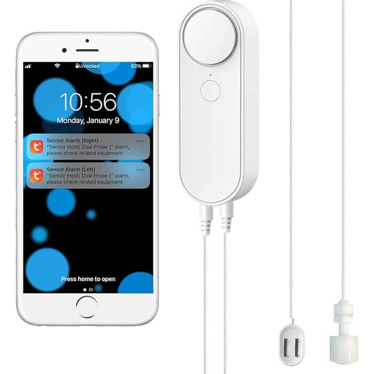 WiFi Water Leak with Water Level 2-in-1 Detector, Intelligent Water Sensor Alarms, Separate 2M Dual Detection Line, Left and Right Dual Alarms, Remote App Monitoring, AAA Battery Operated