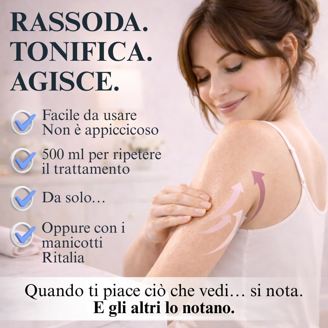 RITALIA Trattamento Rassodante Braccia 500 ml – Siero per Braccia Flaccide e Pelle Flaccida con Peptidi e Ginkgo Biloba – 10–12 Trattamenti – Compatibile con Manicotti – Made in Italy