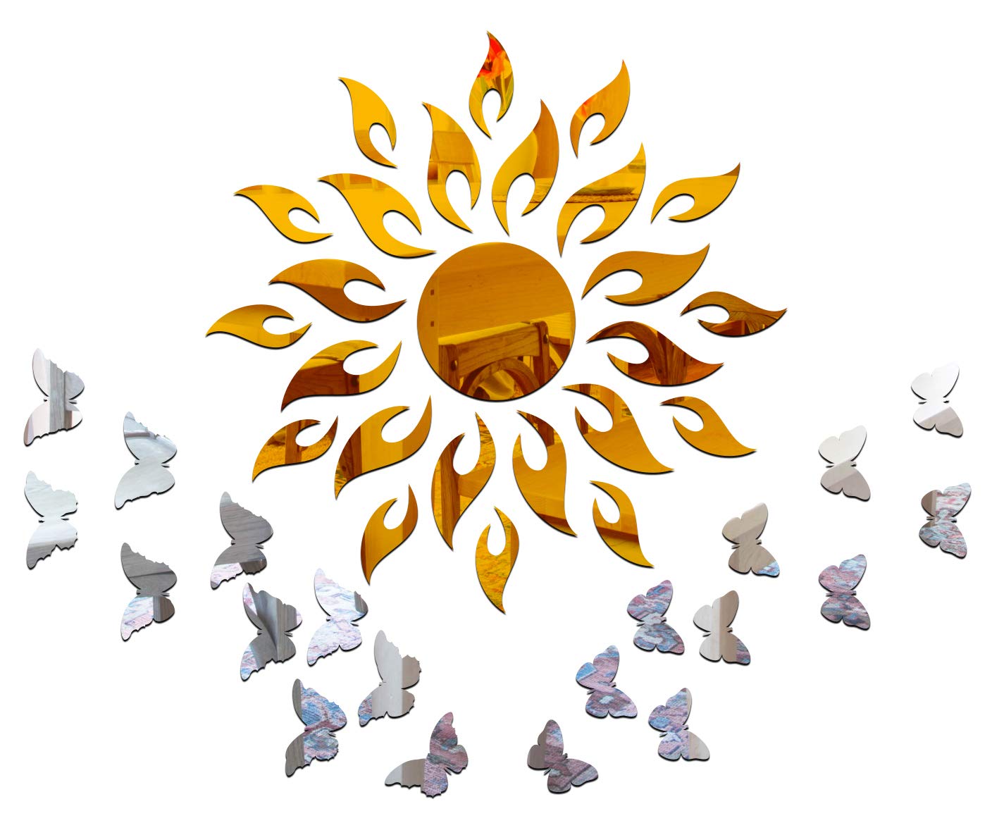 Wall1ders Sun with Extra Flames Golden (1.5 Feet) and 20 Silver Butterflies, mirror stickers for wall, acrylic mirror wall decor sticker, wall mirror stickers, Acrylic Stickers, Wall Stickers for Hall Room, Bed Room, Kitchen. (B07J4WYQ1D) Amazon Price History, Amazon Price Tracker