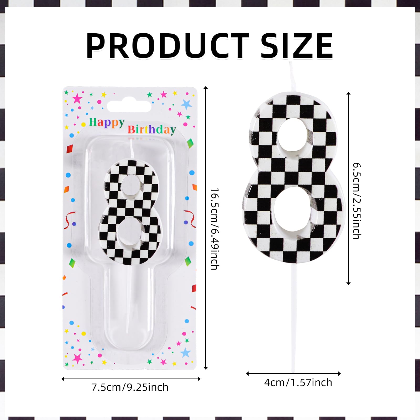 Racing Car 8th Birthday Candle, Black and White Stripes Number 8 Cake Candle Birthday Cake Topper for Racing Car 8th Birthday Party Decorations