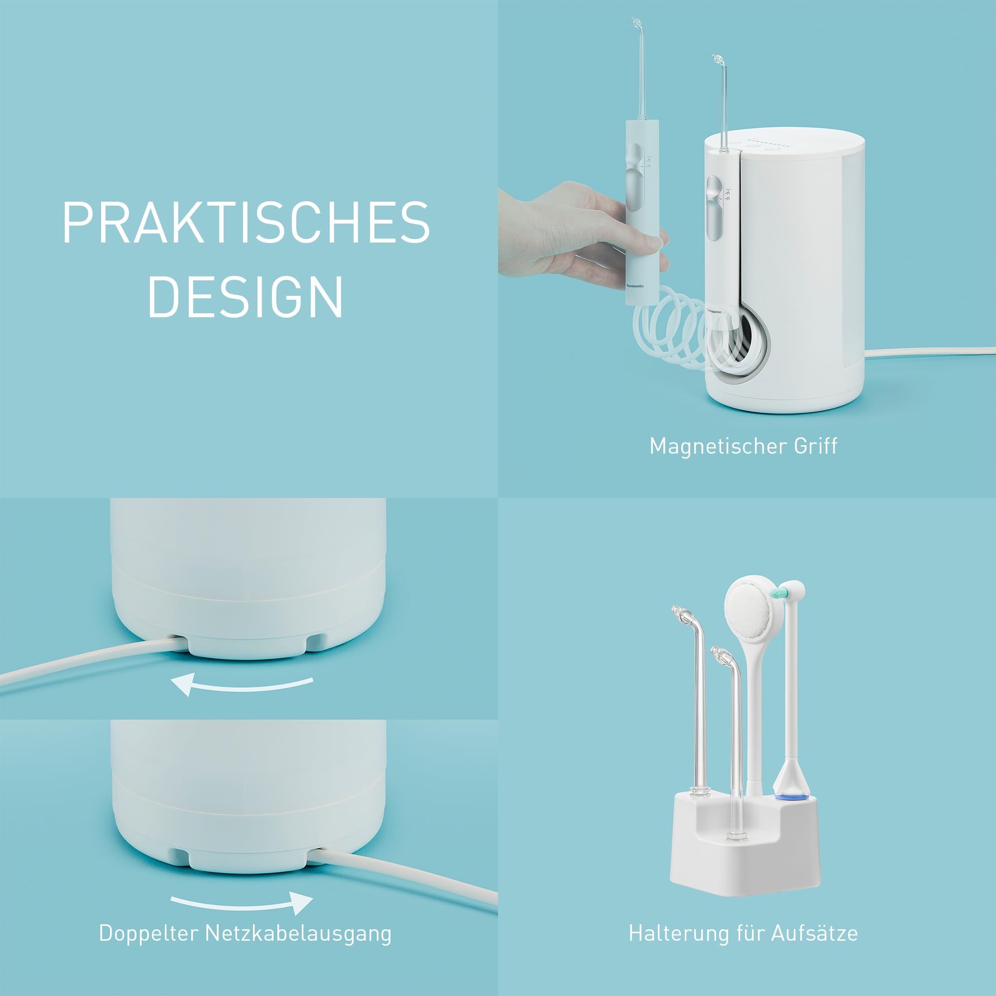 Panasonic EW1614AW503-PACK Familien-Munddusche, Munddusche für Zähne, Ultraschallstrahl, Kindermodus, 10 Druckeinstellungen, IPX7, Kieferorthopädie, 5 Düsen, Netzbetrieb, Weiß