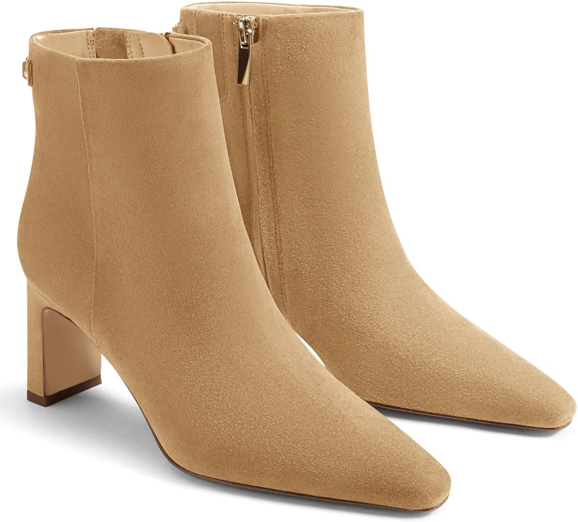 Coutgo Womens Ankle Boots Chunky Heel Closed Toe Booties Side Zipper Winter Dress Shoes