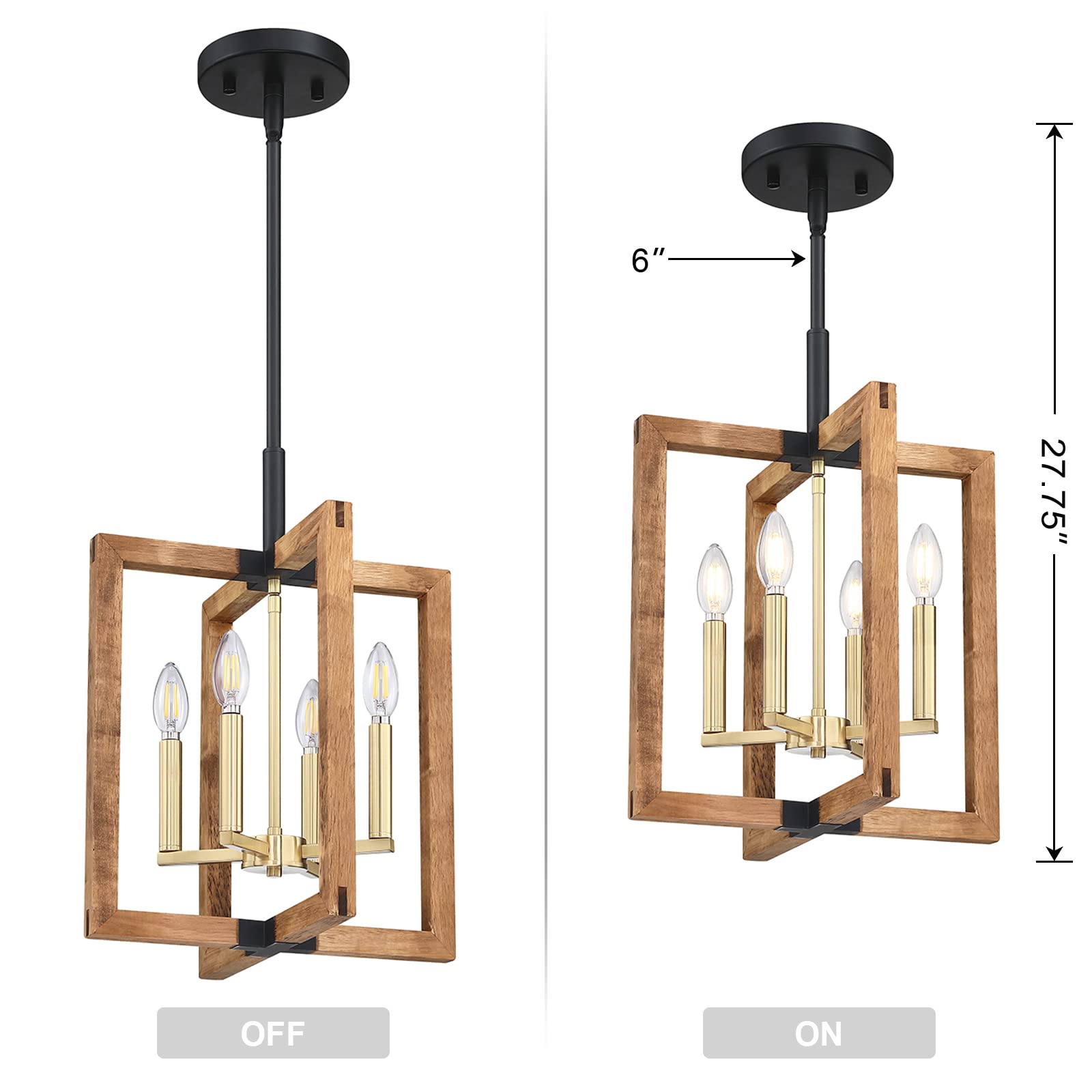 Leading Lighting 4 Light Farmhouse Gold Hanging Pendant Light Fixture Natural Wood Kitchen Island Lighting Black Metal Frame for Entryway Dinning Room Bedroom