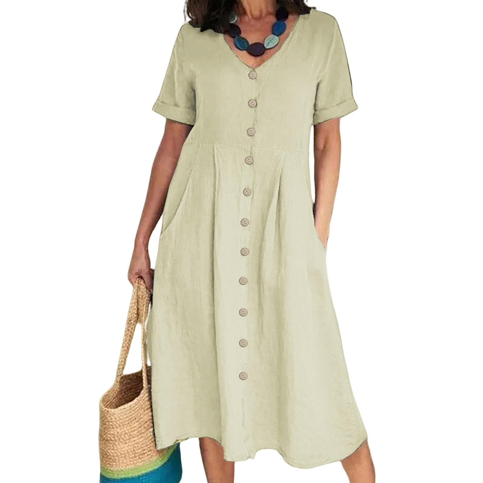 Abiti Estivi da Donna, Abito Casual Midi, Camicia A Maniche Corte, Scollo A V, Bottoni, Svasato, Tunica A Trapezio, Camicette Comode con Tasche.