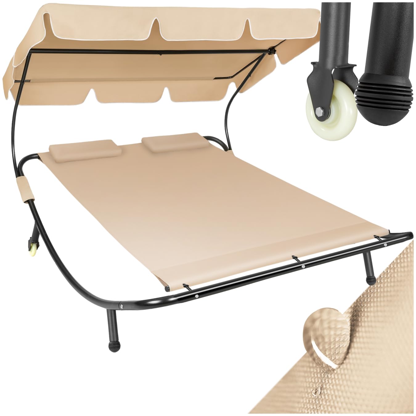 tectake® Bain de Soleil Jardin Exterieur Inclinable 2 Places avec Pare-Soleil Cadre en Acier 2 Coussins Inclus Chaise Longue Transat de Plage Relax Jardin Sun Lounger -Noir/Beige
