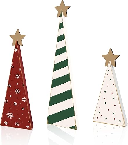 Miniatura 8 de 3 piezas de madera para árbol de Navidad, decoración de mesa de árbol de Navidad rojo, verde y blanco, letrero de árbol de madera con estrella para
