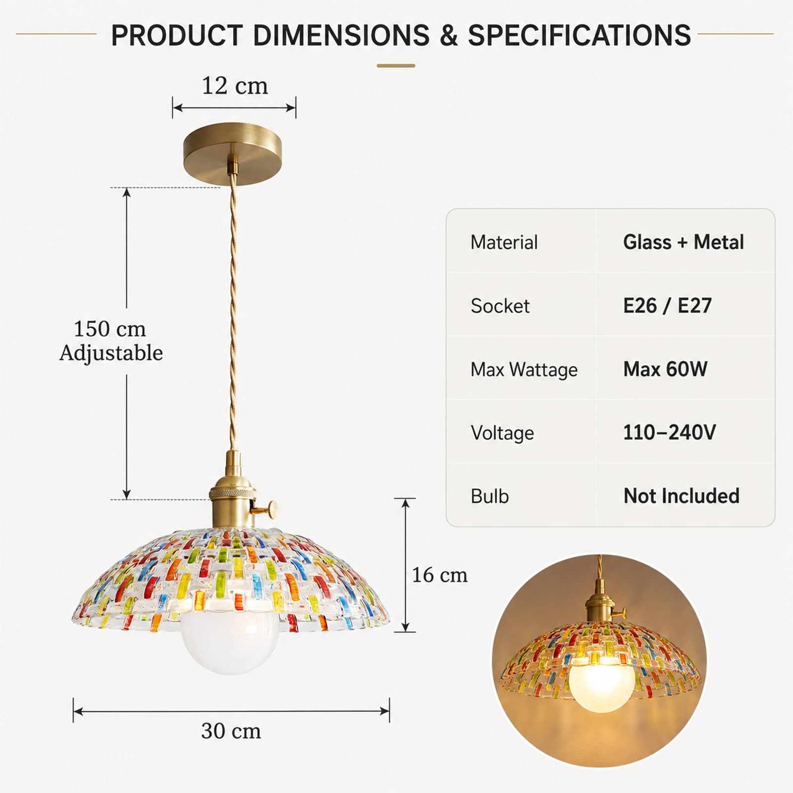 Lampada a Sospensione con Paralume in Vetro Mosaico Dipinto a Mano, Lampadario Sospesa da Soffitto Vintage E27 con Interruttore per Cucina Soggiorno e Sala da Pranzo (30cm)