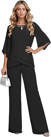 2 Pieces Chiffon Mother of the Bride Pant Suits with 3/4 Sleeve