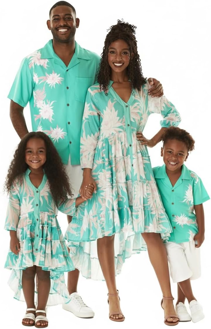 Matchable Family Hawaiian Tropical Luau Men Women Girl Boy Clothes in Wispy Cereus Palm Mist
