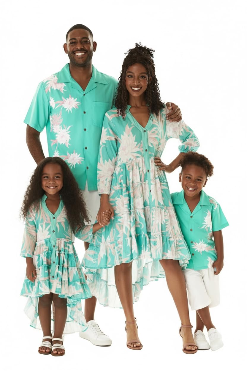 Matchable Family Hawaiian Tropical Luau Men Women Girl Boy Clothes in Wispy Cereus Palm Mist