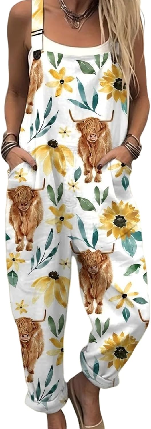 Surwin Women's Overalls, Colourful Floral Print Summer Bib Overalls with Pocket & Straps, Casual Women's Vintage Pants for Office, Home and Travel