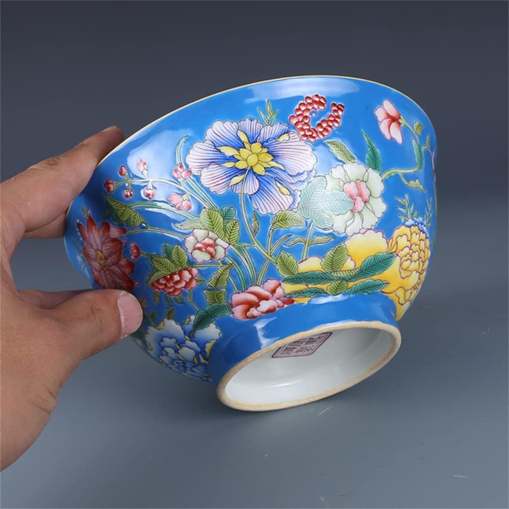 2pc Pastel Gold Painted Hand-painted Flower Bowl Antique Porcelain Ornaments(Blue)