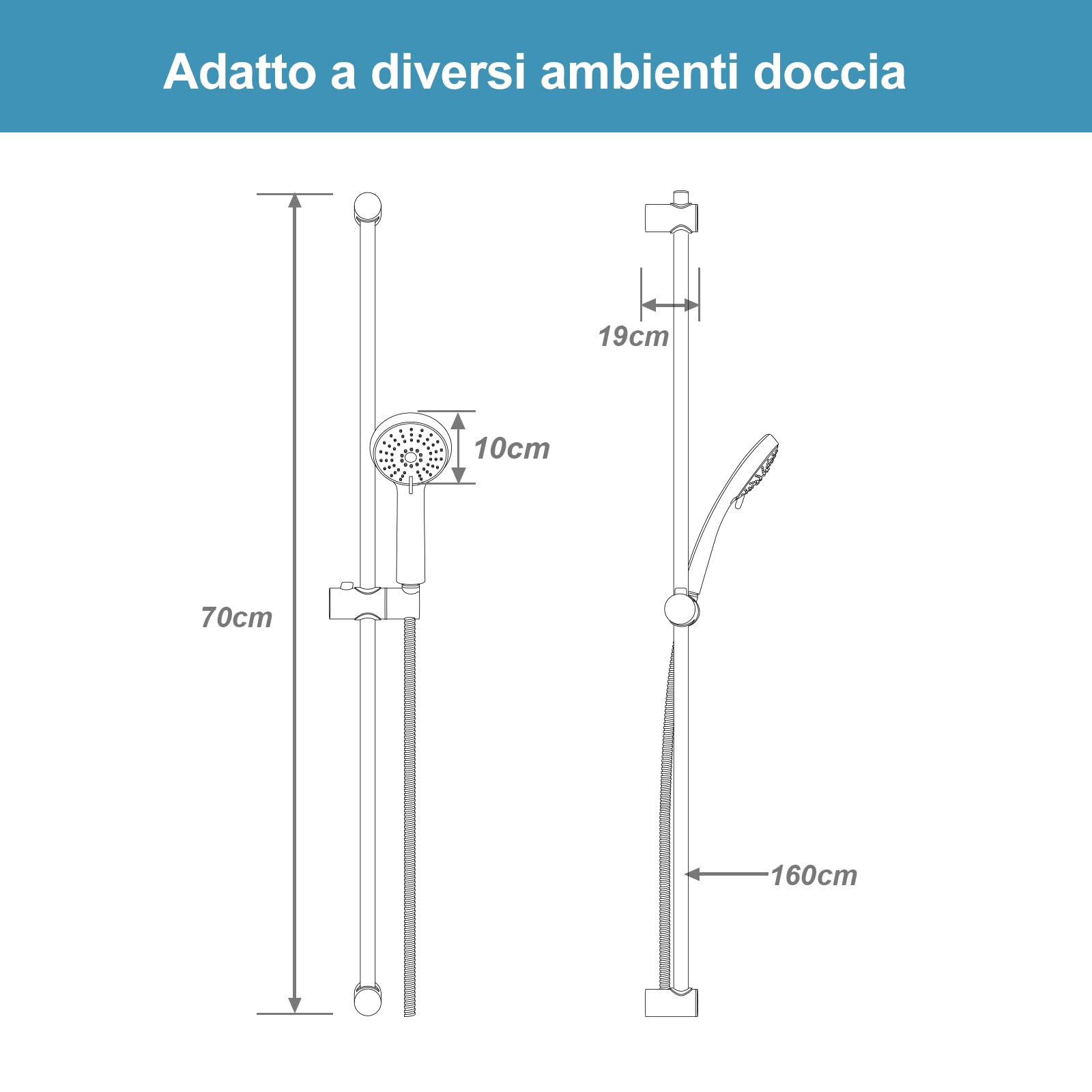 OFFO Saliscendi Doccia,Asta Doccia 70 cm,Saliscendi Doccia con Soffione,Asta Doccia con Soffione e Rotondo Doccetta con 3 Tipi di Getto e Flessibile da 1,6 m, Cromo