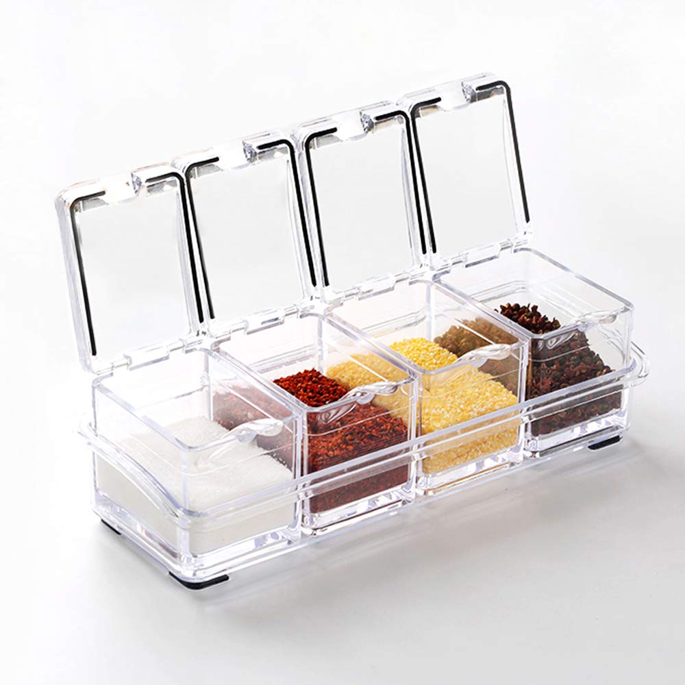 VANTIYAUS Kitchen Gourmet Acrylic Seasoning Box with 4 Serving Spoons, Spice Jar Set Condiment Cruet Bottle Kitchen Supplies