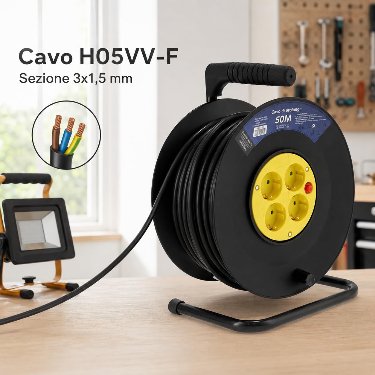 M mimotec - Avvolgicavo da Esterno 50m 4 Prese 3200W 16A, Cavo H05VV-F 3G1,5mm², Protezione Bambini, Prolunga Elettrica per Giardino, Garage e Officina