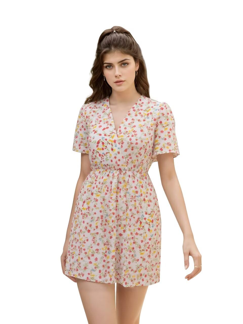 Superband Women's Mini Dresses Casual Summer V Neck Chiffon Short Sleeves A Line Floral Dress