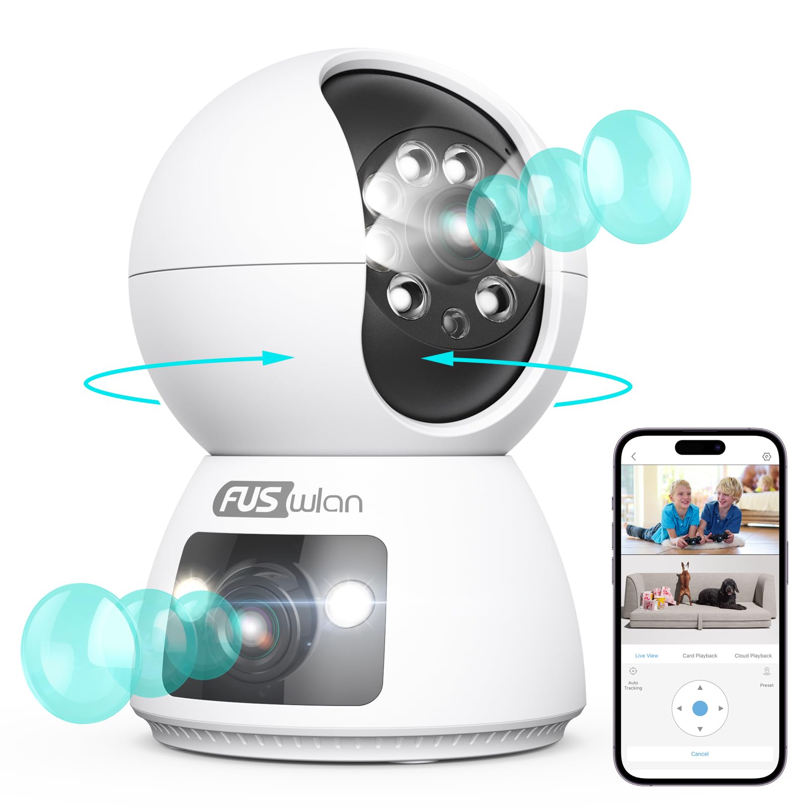 Security Camera, FUSWLAN 1080P Dual Lens Indoor Camera, 2.4GHz WiFi Camera Wired for Home Baby, AI Motion Detection, Human Auto Tracking, Color Night Vision, Cloud&SD Card Storage, 2-Way Audio