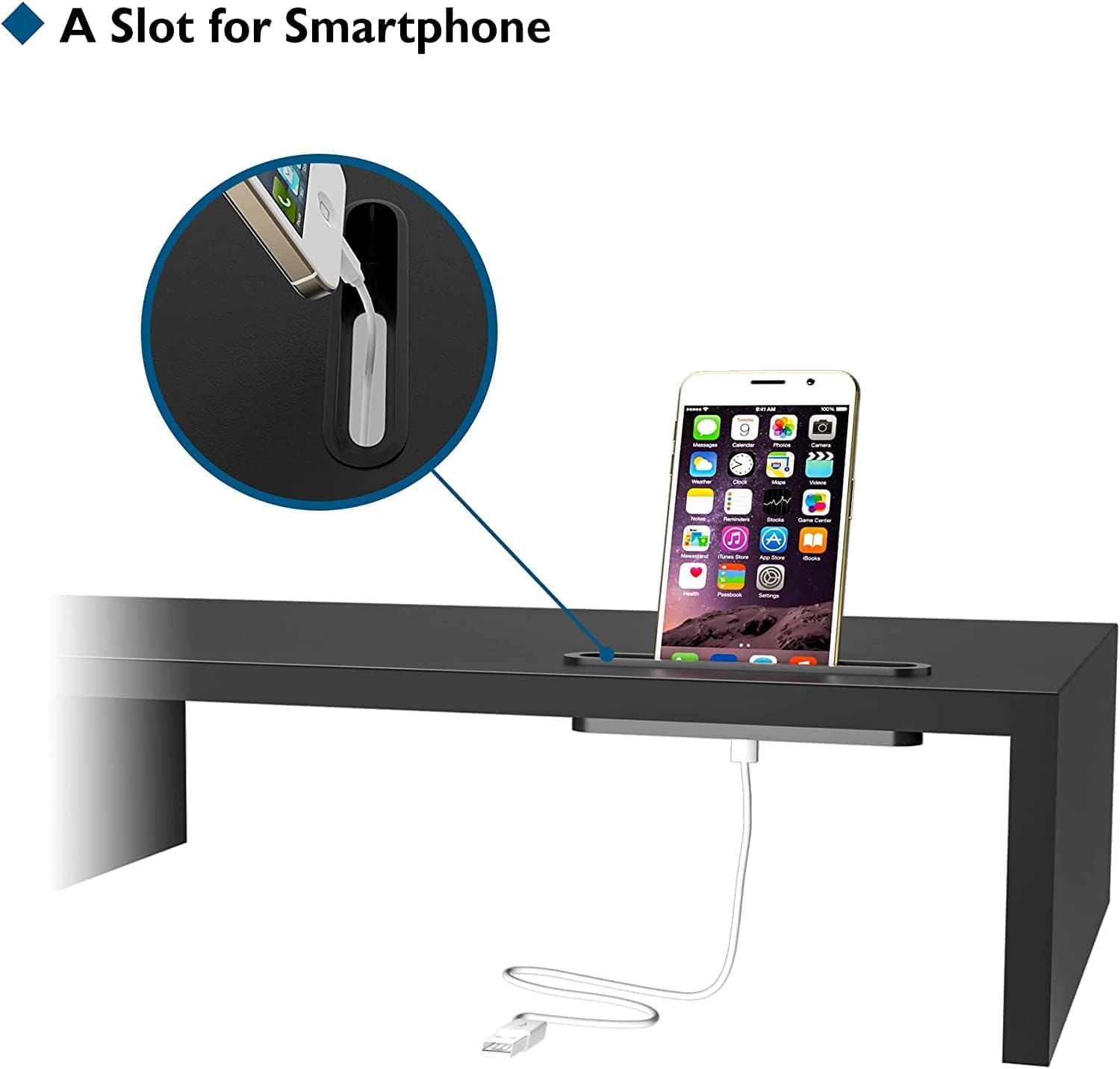 BONTEC Supporto per Doppio Monitor Stand Riser e Smartphone, Lunghezza Regolabile e Angolo di Rotazione in Legno, Organizer da Tavolo, nero