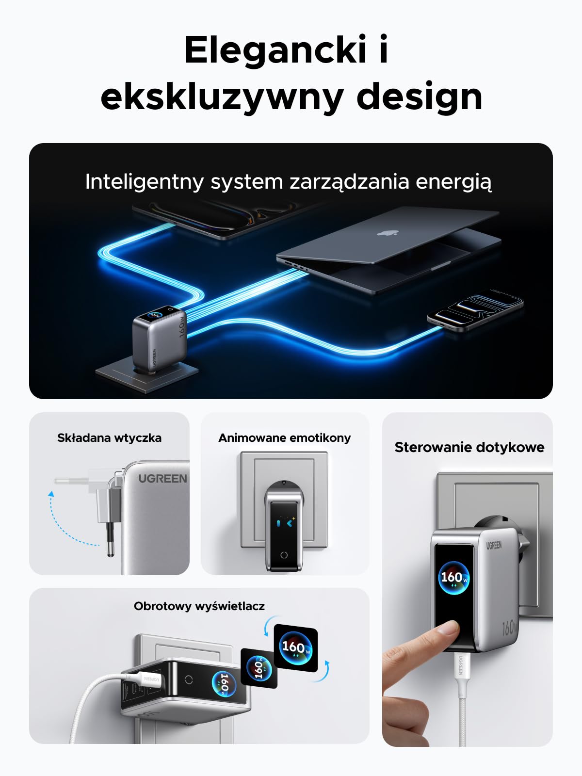 UGREEN Nexode Pro Ładowarka USB-C 160W, inteligentny wyświetlacz, 5 portami | Wyświetla stan ładowania w czasie rzeczywistym, 140W do laptopów, kompatybilna z MacBook Pro/Air, iPhone, Galaxy S26, iPad
