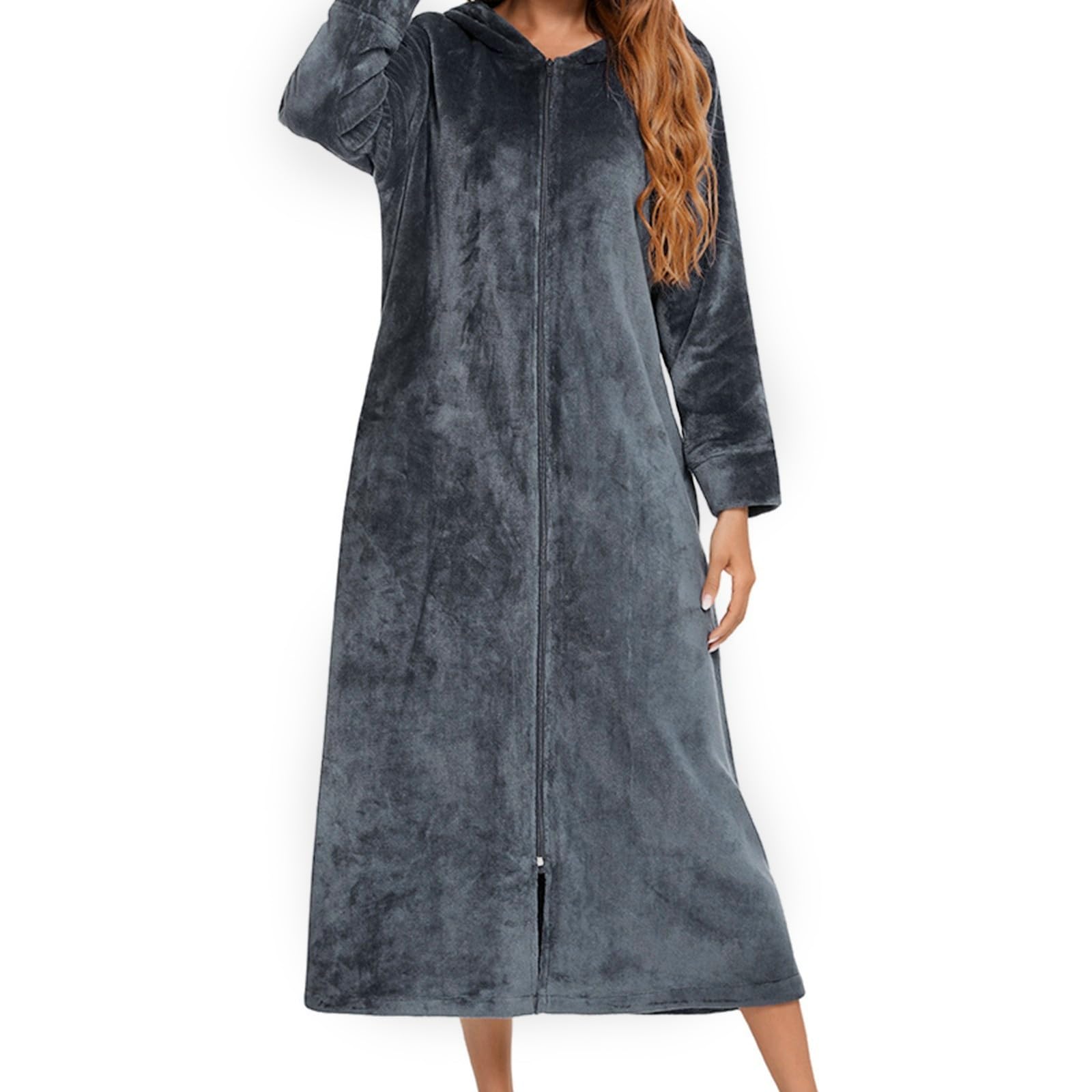 Generisch Peignoir en flanelle à manches longues avec fermeture éclair pour femme, vêtement de nuit chaud pour l'hiver (gris, XXL)