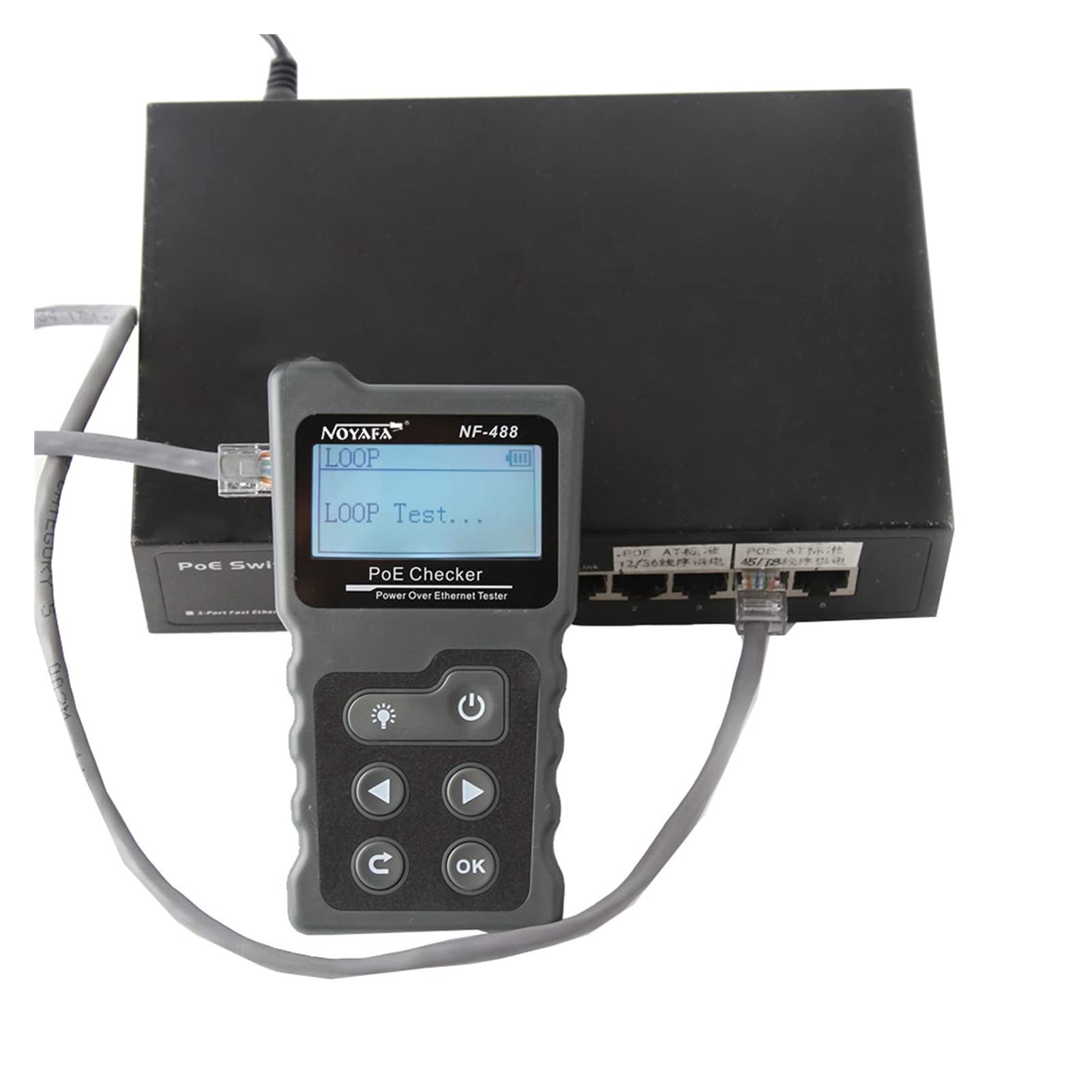 NF-488 LCD Tester de cable de red Tracker de alambre Poe Checker Inline Poe Voltaje y probador de corriente con probador de cables Para Ethernet y teléfono