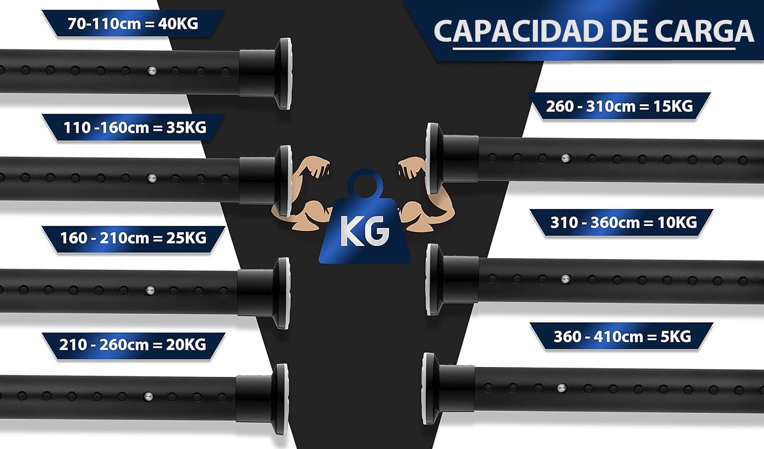 MEISENBERG Barra de cortina sin taladrar, 210-260 cm, diámetro de 32 mm, negro mate, barra de sujeción resistente, extensible y telescópica. Para tus cortinas, balcones y como pared divisoria