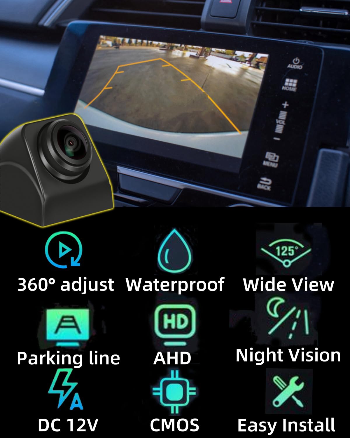 Rotation 360° Caméra de Recul avec Vision Avant/Arrière Caméra de Recul HD avec Vision Nocturne 720P Caméra de Vision Arrière étanche IP69K pour Camion(Noir)