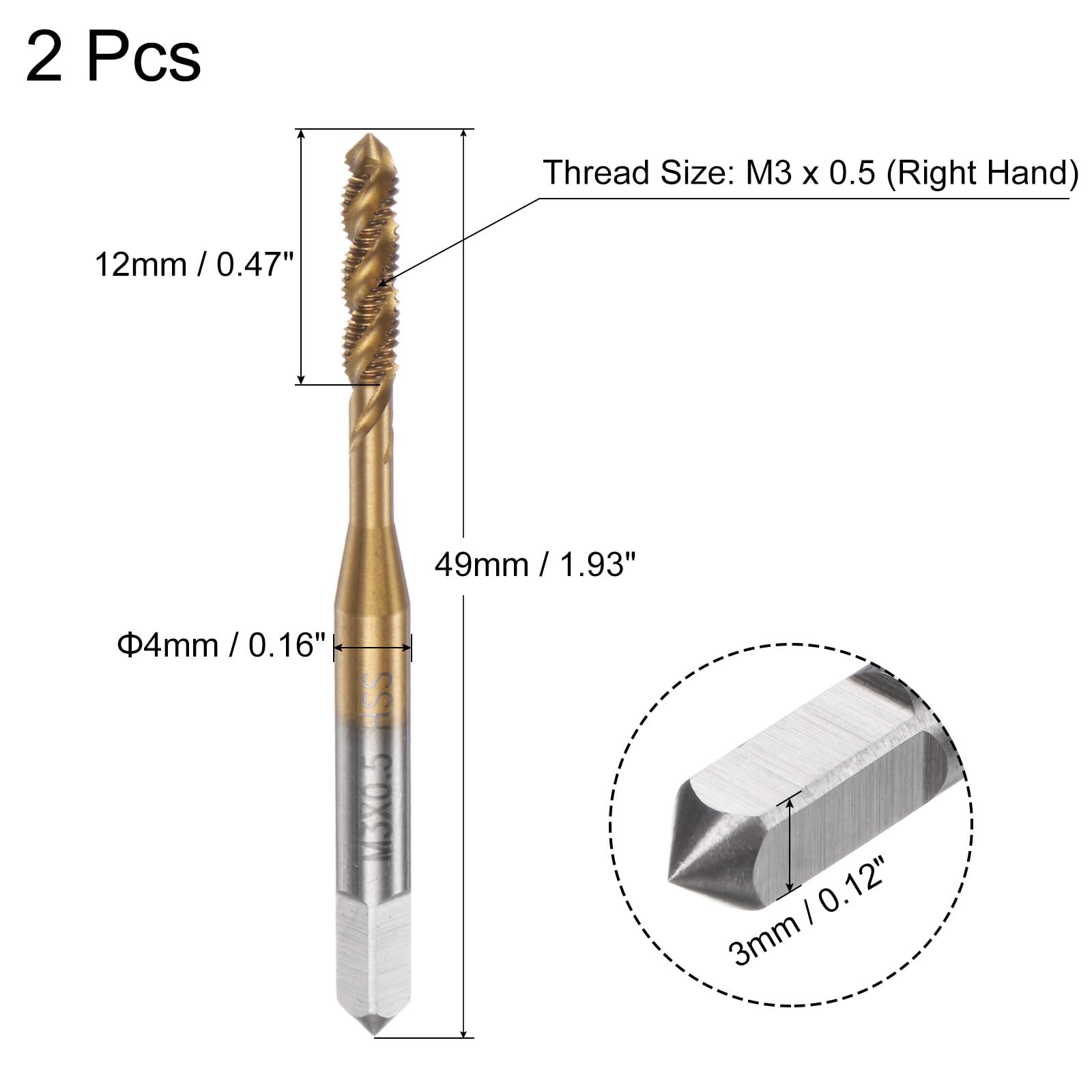 uxcell 2pcs Spiral Flute Thread Taps, Metric M3 x 0.5 H2 Screw Threading Tap, Titanium Coated M2 High Speed Steel Machine Tapping Tools for Machinist Repair